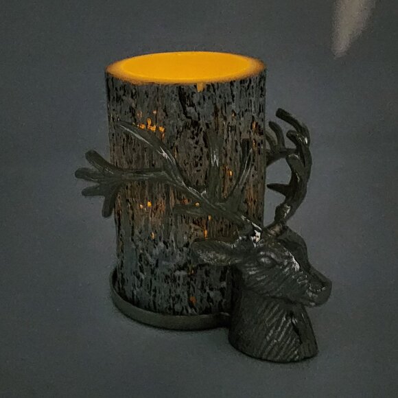 Pottery Barn Silver Reindeer Head Pilar Candle Holder With Battery Faux Log Vint - Picture 3 of 9